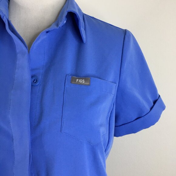 FIGS Blue Zip Pockets Short Sleeve Hidden Logo Button Scrubs Shirt Top - Picture 7 of 12